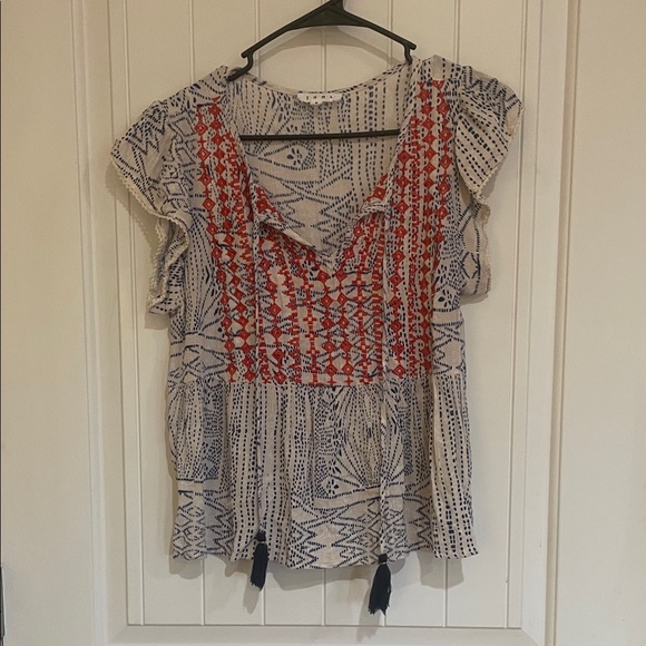 THML Red and Blue Patterned Blouse medium short sleeve - Picture 2 of 5